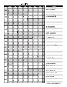 2019 Business Project Planning Calendar with Week Number