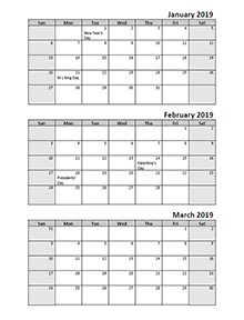 2019 Quarterly calendar with US holidays