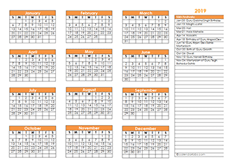 Sikh calendar template 2019