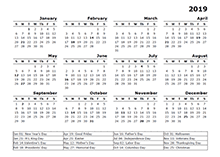 2019 Year Calendar Template with US Holidays