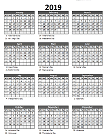 2019 Yearly Business Calendar with Week Number