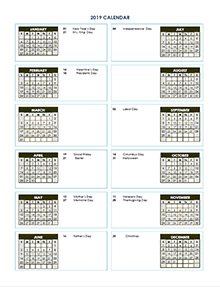 2019 Yearly Calendar Template Vertical Design