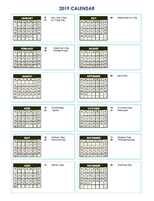 2019 Full Year Calendar Vertical Template