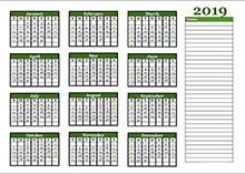 2019 yearly calendar template with blank notes