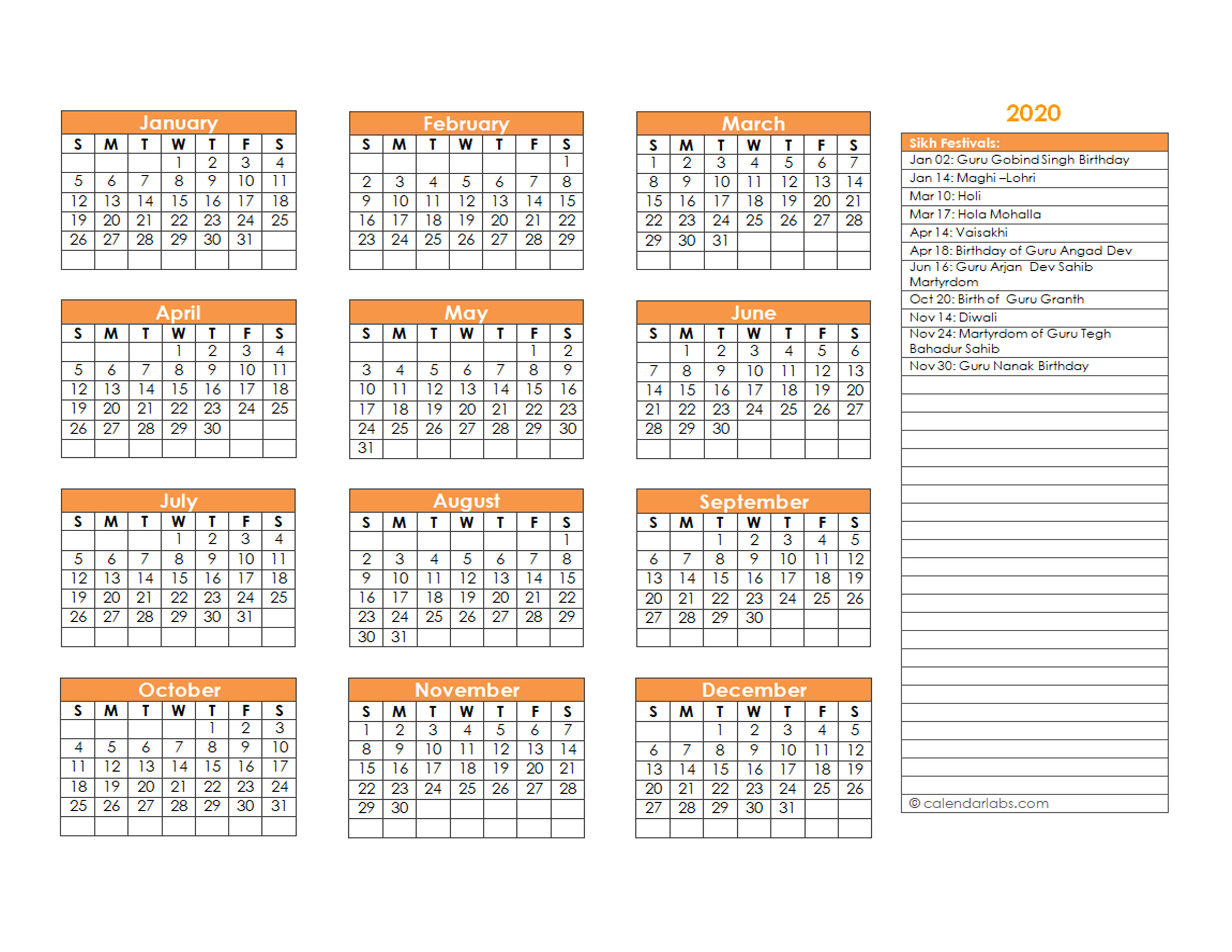 2020 Sikh Festivals Calendar Template - Free Printable Templates