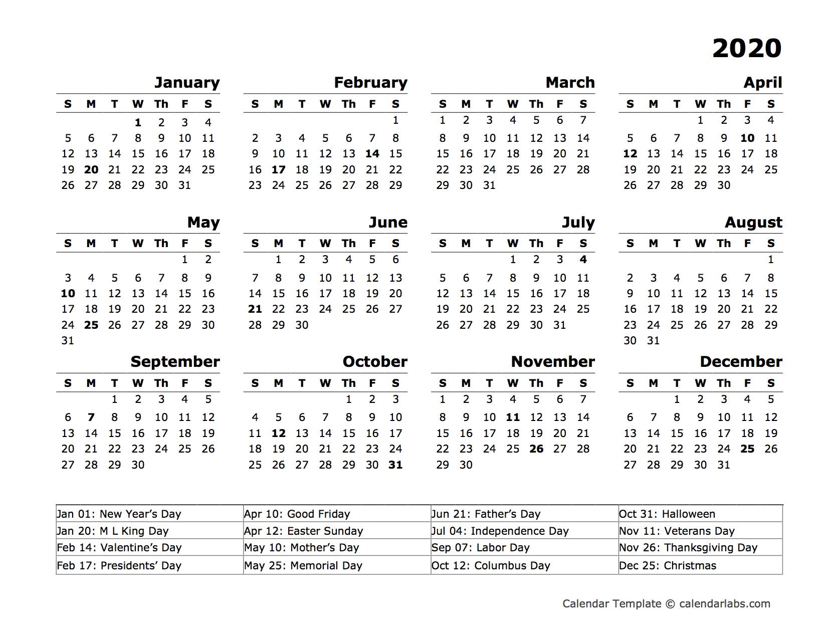 Printable Yearly Calendar 2020 Template With Holidays Pdf Word