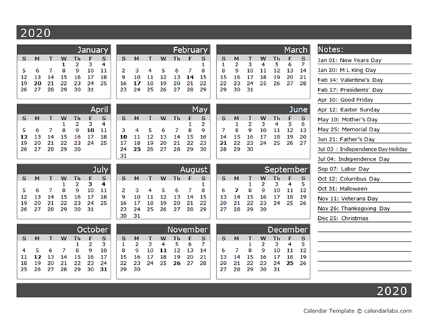 12-Month One Page Calendar Template for 2020
