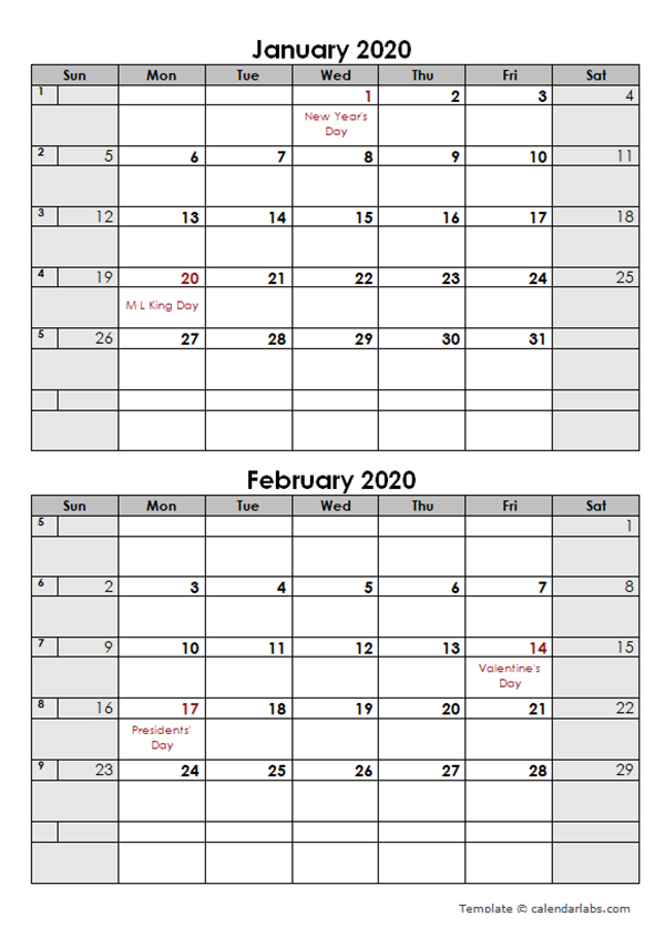 2020 Two Months Word Calendar Template