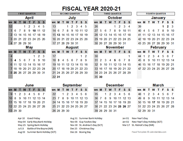 2020-2021 Fiscal Calendar UK Template