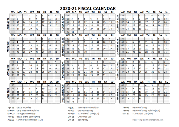 2020 Fiscal Calendar Template Starts at April