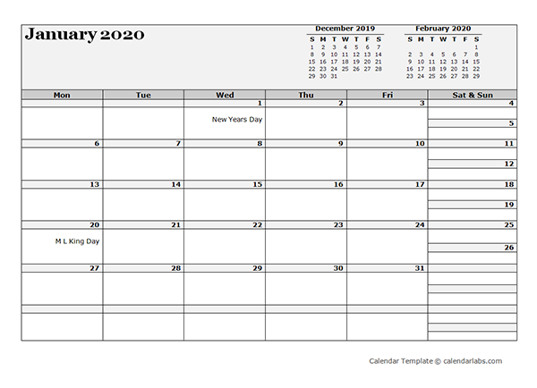 2020 Monthly Planner Template Landscape