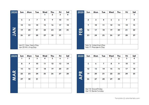 2020 Four Month Calendar Template