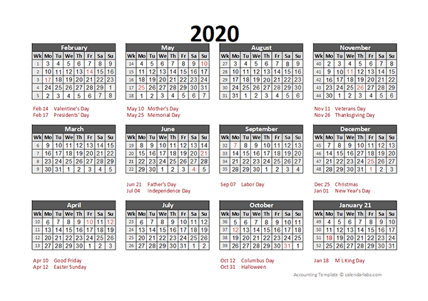 2020 Accounting Calendar 5 4 4 Free Printable Templates