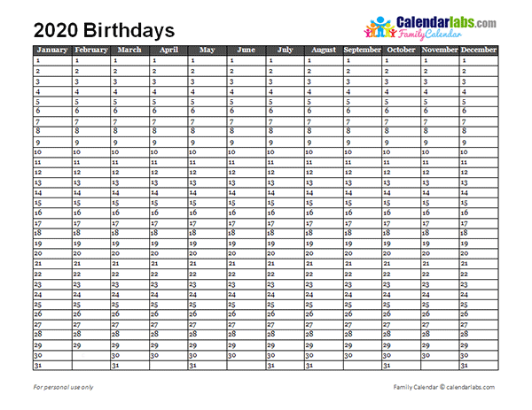 2020 Birthday Calendar Template