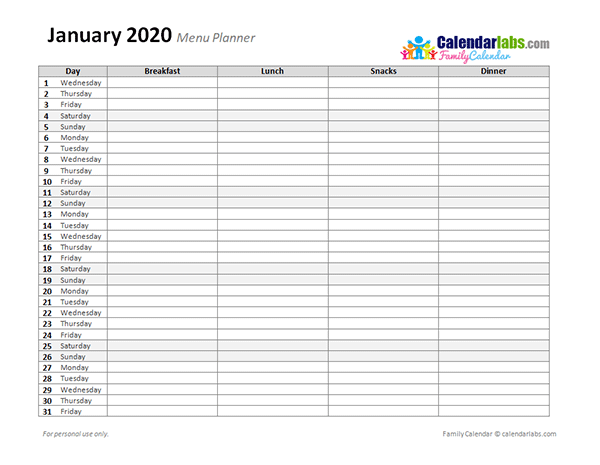 2020 Monthly Menu Planner