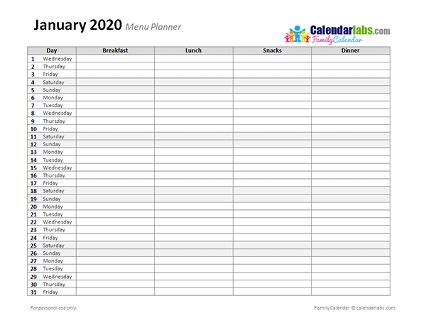 Family Menu Template from www.calendarlabs.com