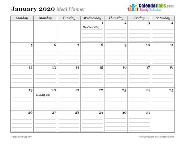 2020 Monthly Menu Planner