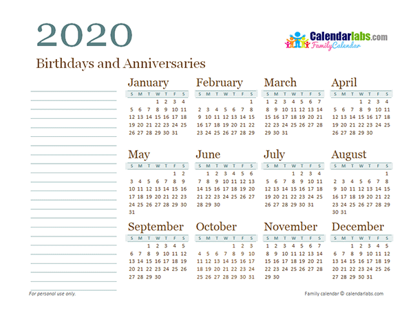 2020 Yearly Family Calendar