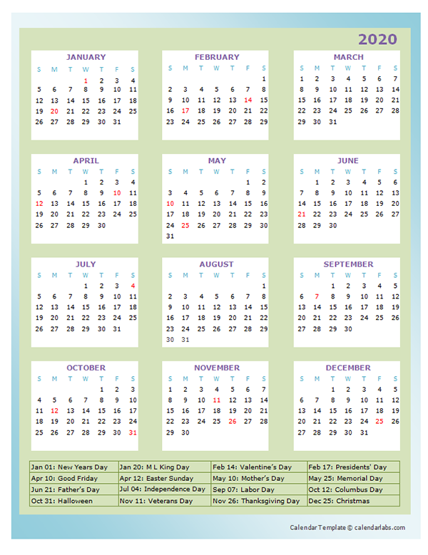 2020 Annual Calendar Design Template