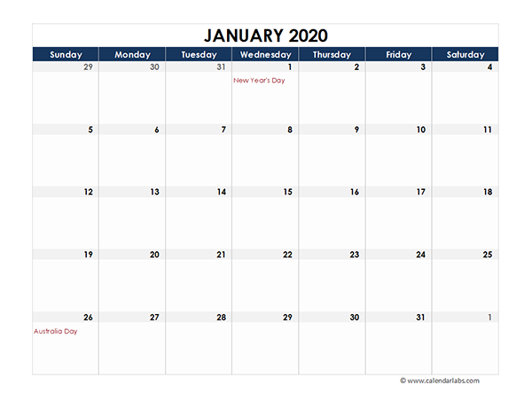 2020 Australia Calendar Spreadsheet Template