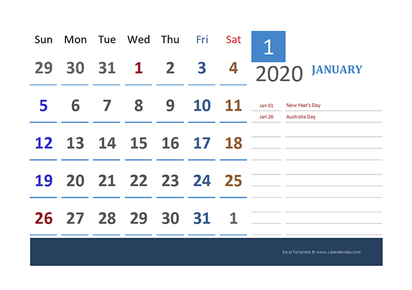 2020 Australia Calendar for Vacation Tracking