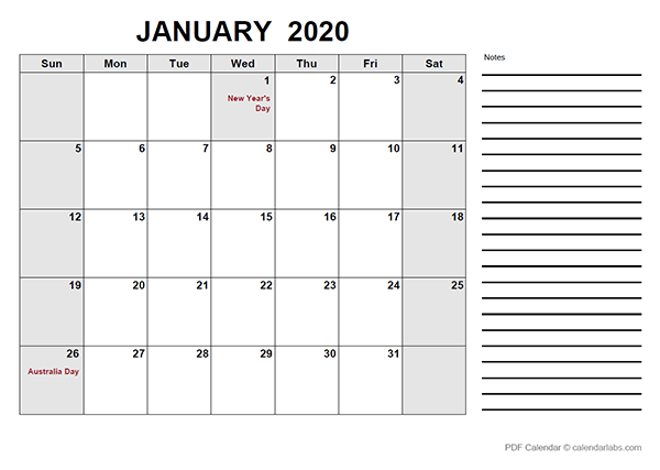 2020 Australia Free Calendar PDF Template