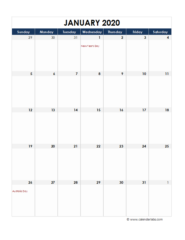 2020 Australia Monthly Excel Calendar Free Printable Templates