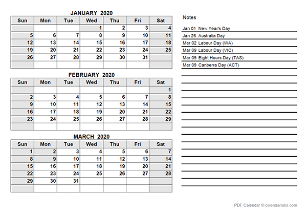 2020 Australia Quarterly Calendar Template