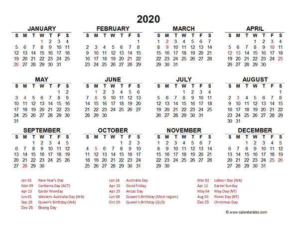 2020 Australia Yearly Calendar Template Excel