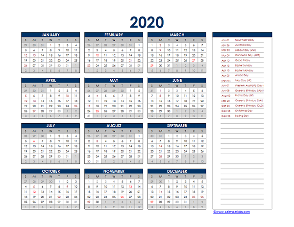 2020 Australia Yearly Excel Calendar