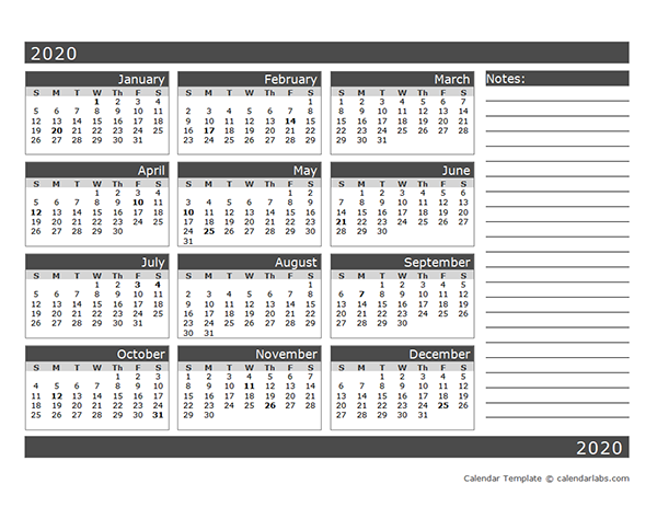 2020 Blank 12 Month Calendar in One Page