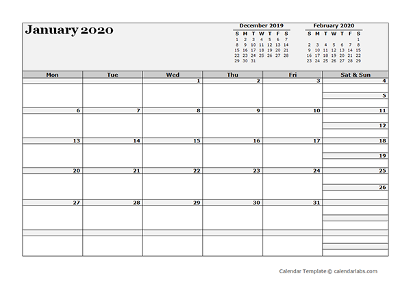 2020 Blank Three Month Calendar