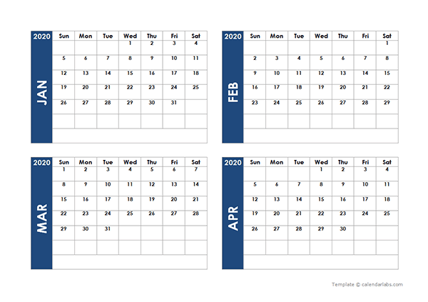 2020 Blank Four Month Calendar