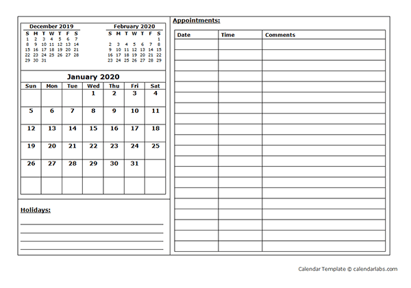 2020 Blank Appointment Calendar