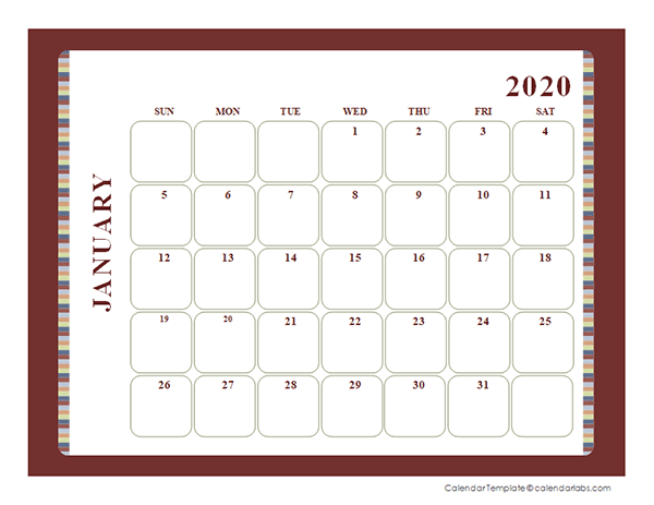 2020 Blank Calendar Large boxes Template