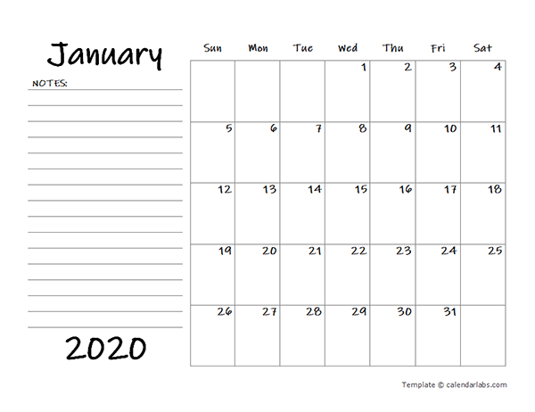 2020 Blank Calendar Template with Notes