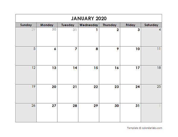 2020 Blank Monthly Calendar