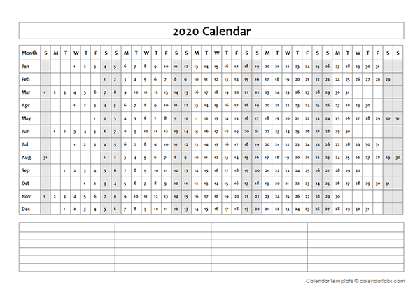 2020 Blank Year at a Glance Calendar