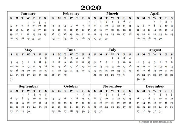 2020 Blank Yearly Calendar Template