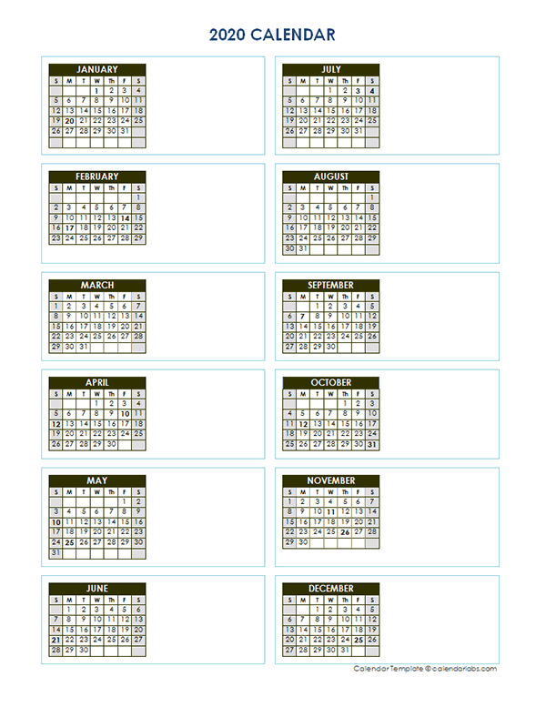 2020 Blank Yearly Calendar Vertical Template