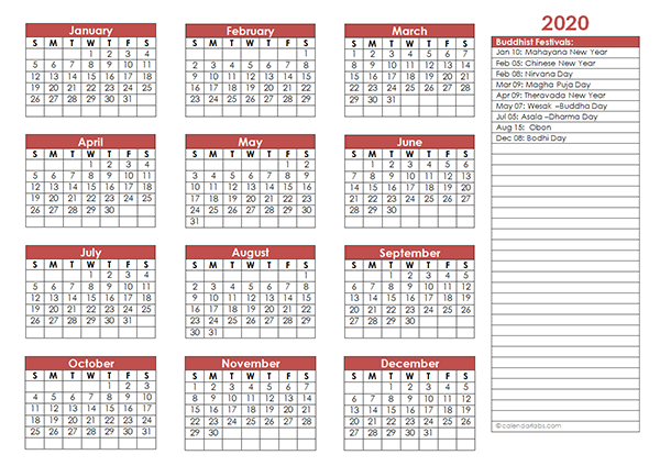 2020 Buddhist Festivals Calendar Template