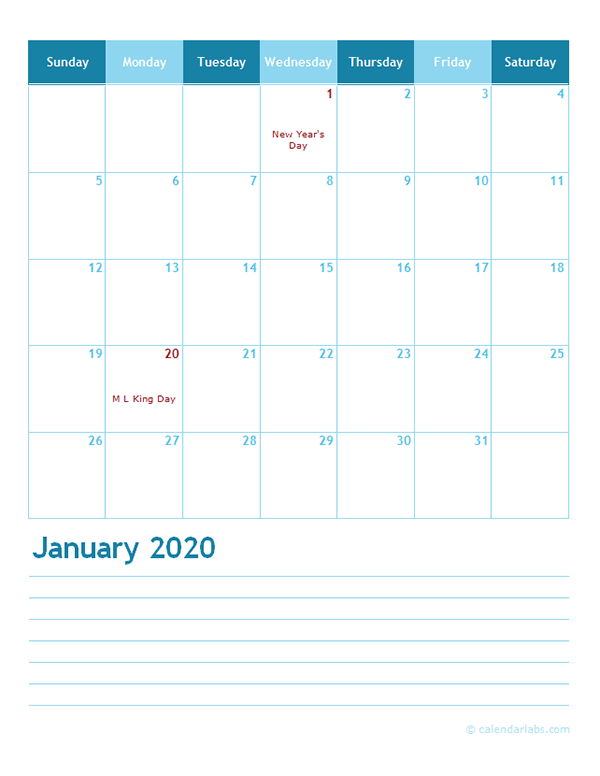 2020 Monthly Word Calendar Template - Free Printable Templates