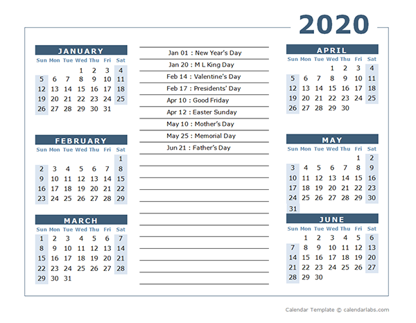 2020 Calendar Template 6 Months Per Page