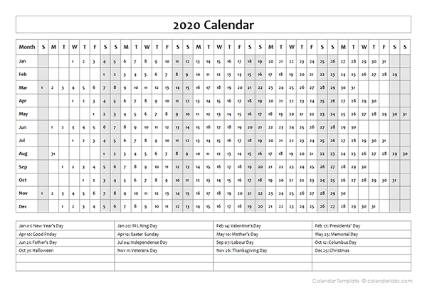2020 Calendar Template Year at a Glance