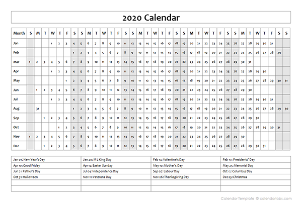 2020 Calendar Template Year At A Glance Free Printable Templates