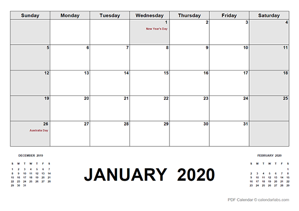 2020 Calendar with Australia Holidays PDF