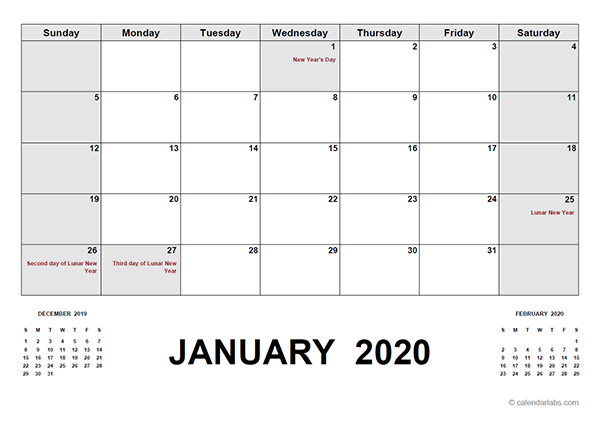 2020 Calendar with Hong Kong Holidays PDF