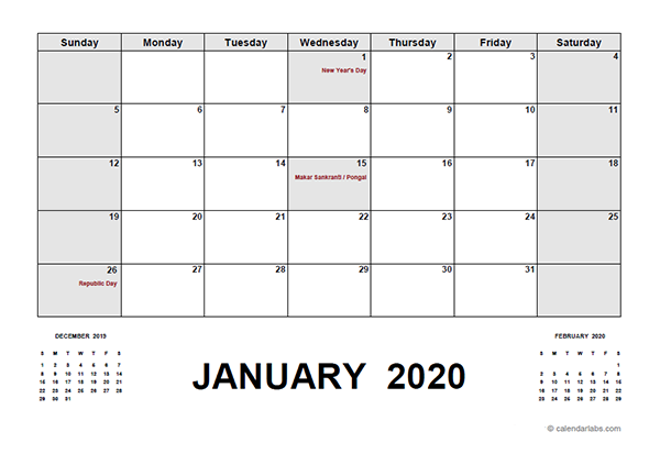 2020 Calendar with India Holidays PDF