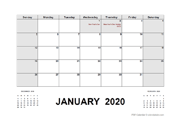 2020 Calendar with Singapore Holidays PDF