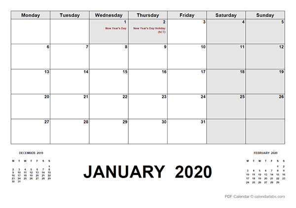 2020 Calendar with UK Holidays PDF